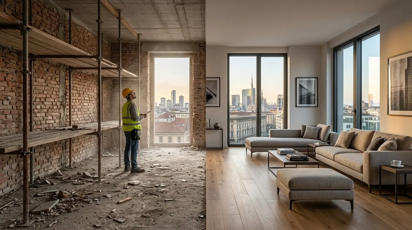 Lo stesso appartamento durante il cantiere e dopo la ristrutturazione, con vista sulla città